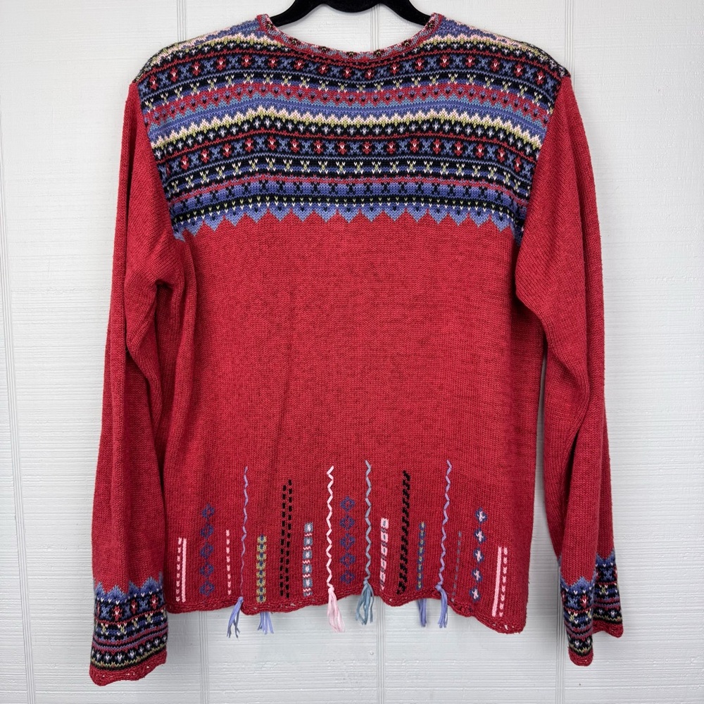 Icelandic Design Red Pattern Full Zip Sweater Fair Isle Tassel Accent Silk Blend - Picture 4 of 7